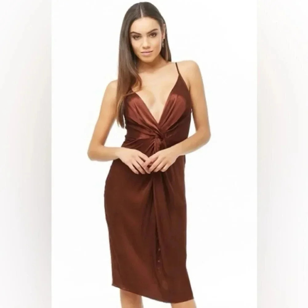 Forever 21 Contemporary Satin Midi Dress | Brown | Size XS